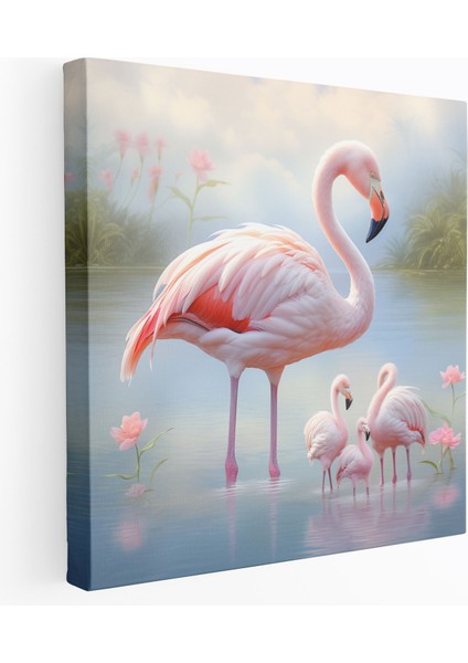 Sevimli Flamingo Ailesi Kanvas Tablo - Flamingo, Flamingo, Duvar Dekorasyonu, Sevimli, 30 x 30 cm