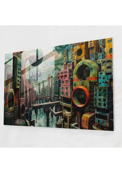Metafizik Resim Cam Duvar Sanatı - Metafizik Resim, Şehir Manzarası, Metafizik Resim, Ev Dekorasyonu, 45 x 30 cm