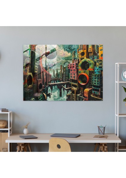 Metafizik Resim Cam Duvar Sanatı - Metafizik Resim, Şehir Manzarası, Metafizik Resim, Ev Dekorasyonu, 45 x 30 cm