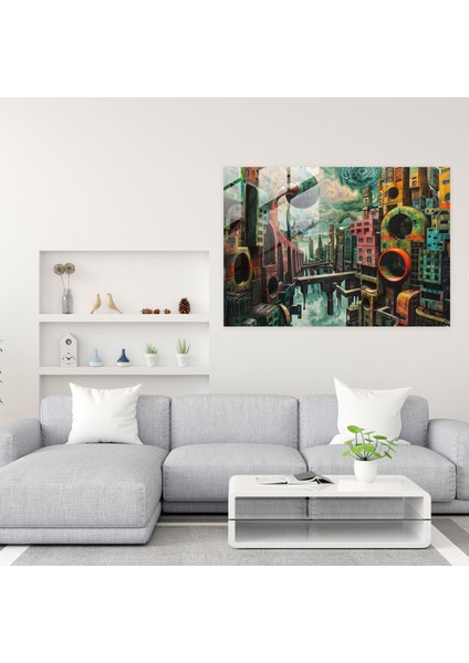 Metafizik Resim Cam Duvar Sanatı - Metafizik Resim, Şehir Manzarası, Metafizik Resim, Ev Dekorasyonu, 45 x 30 cm