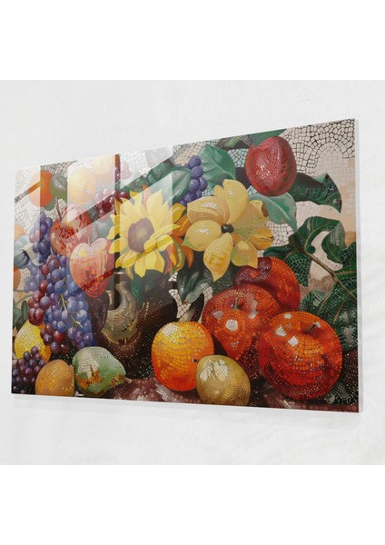 Pointillism Modern Sanat: Meyveler ve Çiçekler Natürmort - Pointillism, Pointillism, Cam Sanatı, Cam Baskı, 45 x 30 cm