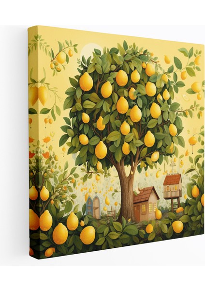 Limon Ağacı Duvar Sanatı - Limon Ağacı, Sevinç, Oynak Hayvanlar, Ev Dekorasyonu, 30 x 30 cm