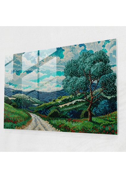 Pointilizm Cam Baskı Sakin Manzara Manzarası - Pointilizm, Cam Baskı, Pointilizm, Modern Sanat, 45 x 30 cm