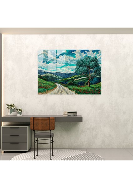 Pointilizm Cam Baskı Sakin Manzara Manzarası - Pointilizm, Cam Baskı, Pointilizm, Modern Sanat, 45 x 30 cm