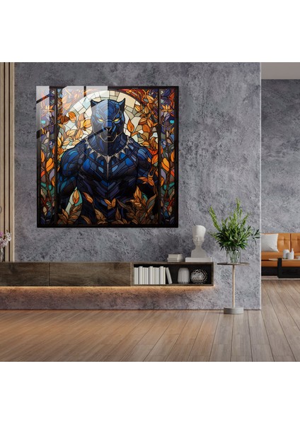 Vitray Panter Cam Baskı - Kara Panter, Cam Sanatı, Ev Dekorasyonu, Cam Duvar Sanatı, 30 x 30 cm modelleri