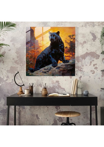 Altın Güneş Işığı Siyah Panter Cam Baskı - Kara Panter, Altın Güneş Işığı, Cam Sanatı, Kara Panter, 30X30 modelleri