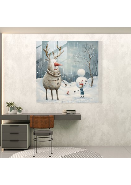 Noel Ren Geyiği ve Kardan Adam Cam Baskı - Noel, Cam Sanatı, Kaprisli Karikatür Çizimi, Eğlenceli, 30X30