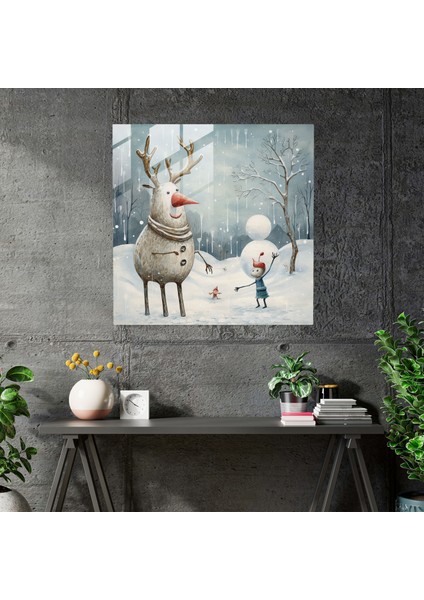 Noel Ren Geyiği ve Kardan Adam Cam Baskı - Noel, Cam Sanatı, Kaprisli Karikatür Çizimi, Eğlenceli, 30X30