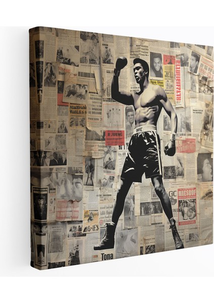 Muhammed Ali Duvar Tablosu - Gazete Küpü Kolajı Kanvas Tablo - Muhammed Ali, Gazete Küpü, Muhammed Ali, Kanvas Tablo, 30X30