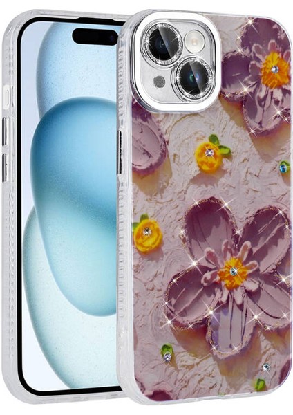 iPhone 15 Kılıf Çiçek Desenli ve Taşlı Stella Premium Kapak