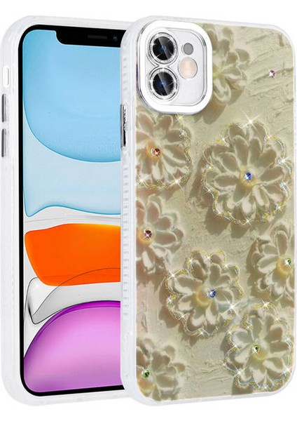 iPhone 11 Kılıf Çiçek Desenli ve Taşlı Stella Premium Kapak