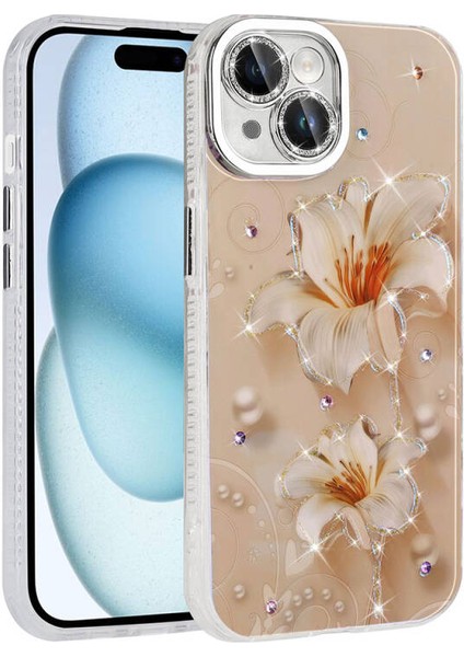 iPhone 15 Kılıf Çiçek Desenli ve Taşlı Stella Premium Kapak
