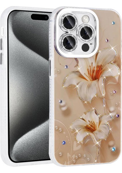 iPhone 15 Pro Max Kılıf Çiçek Desenli ve Taşlı Stella Premium Kapak