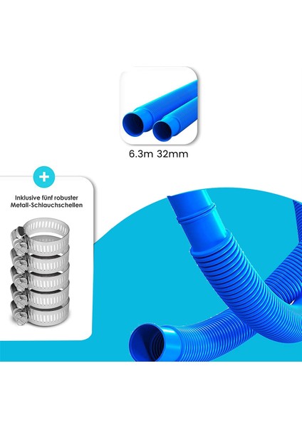 6.3m Yüzme Havuzu Hortum Çapı 32 mm Hortum Kelepçesi Ile, Yüzme Yedek Boru Havuz Temizleyici Aracı, Mavi (Yurt Dışından)