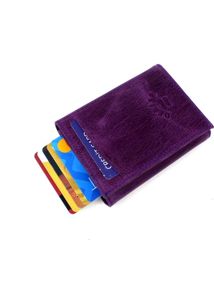 Unisex Mor Hakiki Deri Mekanızmalı Cüzdan Kartlık