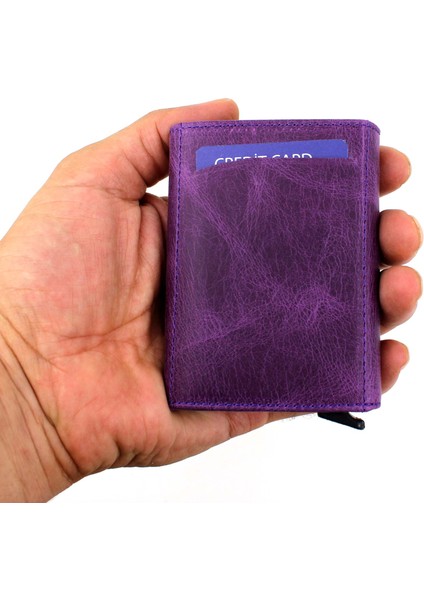 Unisex Mor Hakiki Deri Mekanızmalı Cüzdan Kartlık modelleri