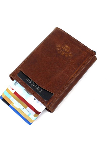 Unisex Taba Hakiki Deri Mekanızmalı Cüzdan Kartlık