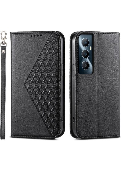 Realme C65 Eşkenar Dörtgen Şekli Günlük Kullanım Için Flip Case El Kayışı Standı Cüzdan (Yurt Dışından)