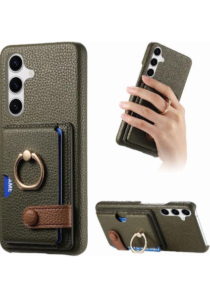 Samsung Galaxy S24 Premium Dokulu Deri Kart Yuvaları Halka Standı (Yurt Dışından)