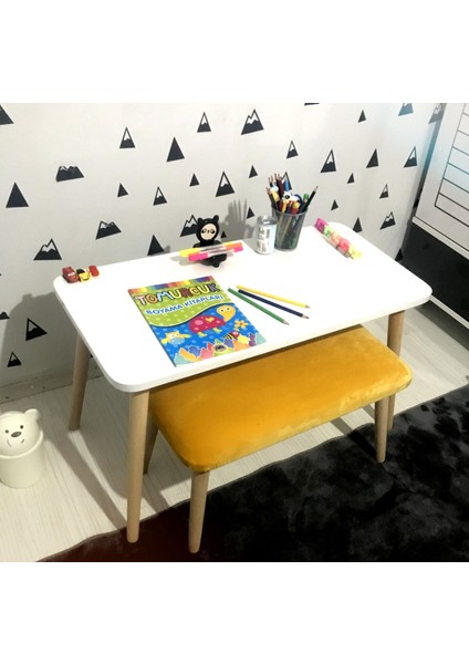 E-Koc Wood Design Lilyum Çoçuk Çalışma Montessori  Masası 1 Adet Puf Etkinlik Masası Aktivite Masa Takımı