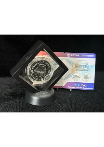 Togg Türkiye'nin Otomobili Girişimi Grubu Sertifkalı Darphane Gümüş Hatıra Parası Standlı modelleri