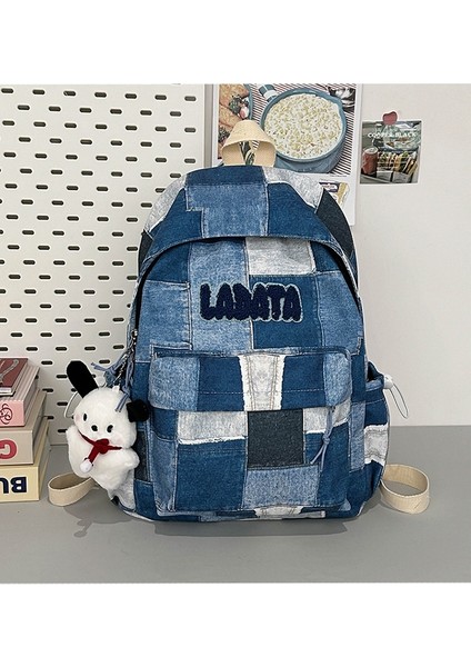 Büyük Kapasiteli Okul Çantası Kadın Ekose Denim Dikiş Sırt Çantası Lise Üniversite Öğrencisi Rahat Sırt Çantası (Yurt Dışından)