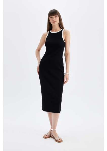 Bodycon Vücudu Saran Basic Düz Fitilli Kaşkorse Kolsuz Midi Elbise D5302AX24HS