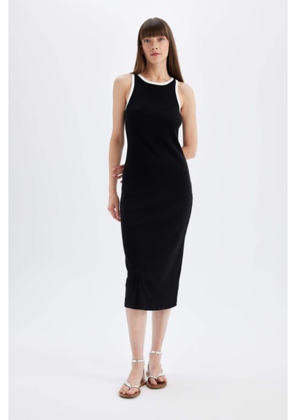 Bodycon Vücudu Saran Basic Düz Fitilli Kaşkorse Kolsuz Midi Elbise D5302AX24HS