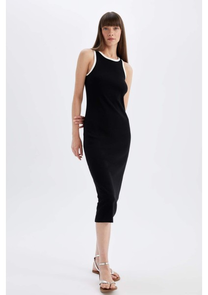 Bodycon Vücudu Saran Basic Düz Fitilli Kaşkorse Kolsuz Midi Elbise D5302AX24HS