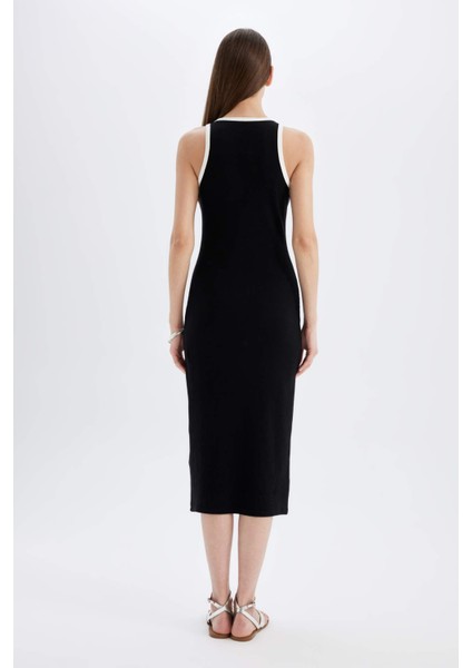 Bodycon Vücudu Saran Basic Düz Fitilli Kaşkorse Kolsuz Midi Elbise D5302AX24HS