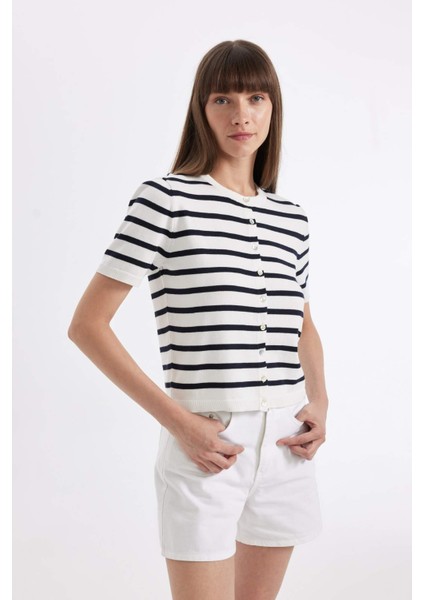 Regular Fit Çizgili Düğmeli Kısa Kollu Triko Hırka D4644AX24AU
