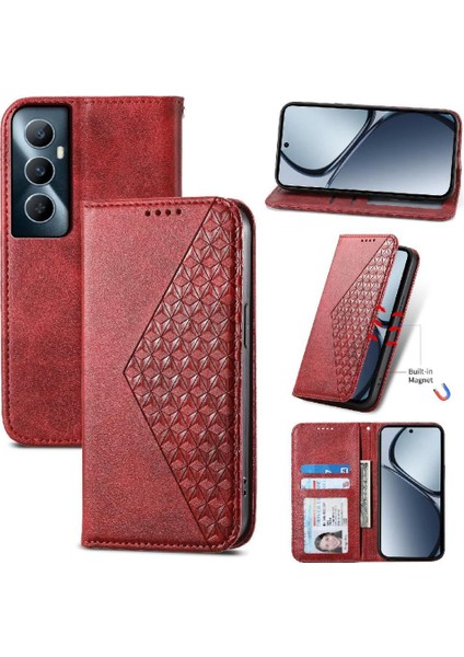 Realme C65 Eşkenar Dörtgen Şekli Günlük Kullanım Için Flip Case El Kayışı Standı Cüzdan (Yurt Dışından)