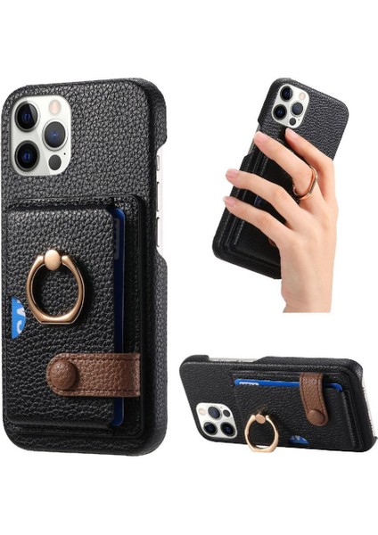 IPhone 12 Için Kılıf Pro Max Halka Standı Premium Dokulu Deri Kart Yuvaları (Yurt Dışından)