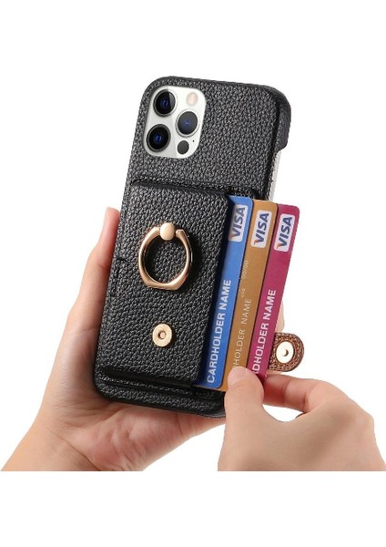 IPhone 12 Için Kılıf Pro Max Halka Standı Premium Dokulu Deri Kart Yuvaları (Yurt Dışından)