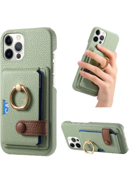 IPhone 12 Için Kılıf Pro Max Halka Standı Premium Dokulu Deri Kart Yuvaları (Yurt Dışından)