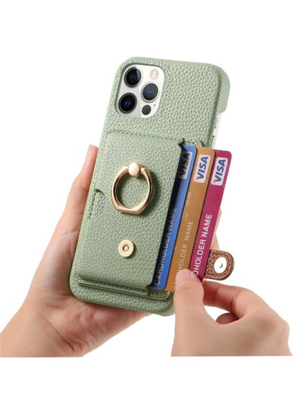 IPhone 12 Için Kılıf Pro Max Halka Standı Premium Dokulu Deri Kart Yuvaları (Yurt Dışından)