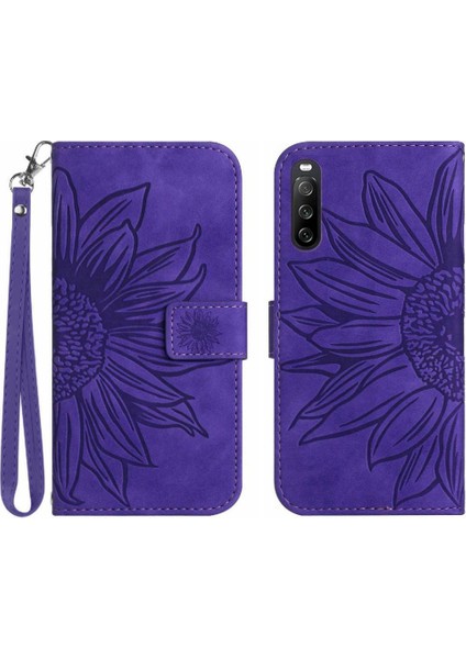 Sony Xperia 10 Vı Için Kılıf Kısa Kayış Kabartmalı Ayçiçeği Flip Cüzdan Kılıf (Yurt Dışından)