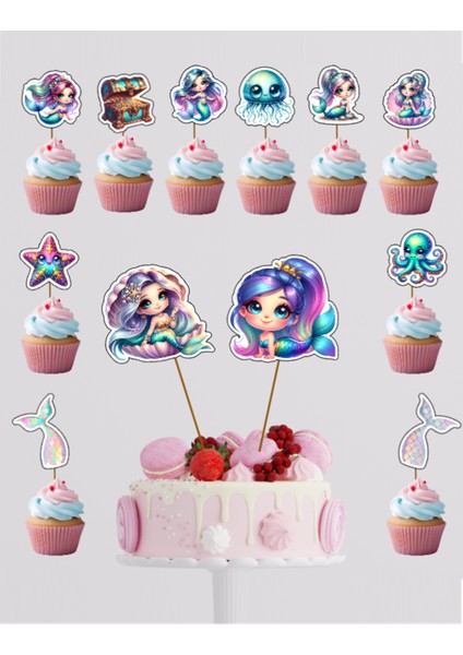 Hiras Dizayn Denizkızı Mermaid  Pasta Süsü Doğum Günü Süsü Pasta ve Cupcake Kürdanı 12 Parça Pasta Süsleme