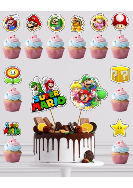 Hiras Dizayn Super Mario Konsept Pasta Kürdanı Cupcake Kürdanı 12PARÇA Pasta Süsü ve Cupcake Pasta Kurabiye Süsle