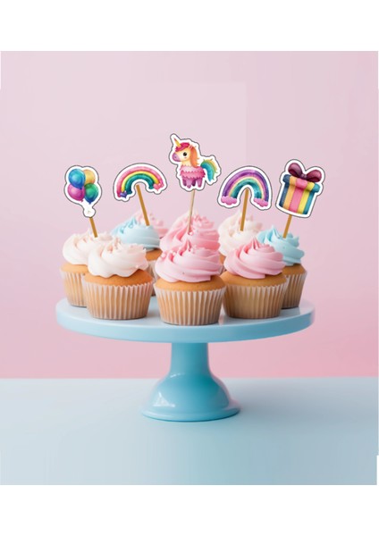 15 Adet Renkli Unicorn ve Gökkuşağı Doğum Günü Pasta Kürdanı 5cm Cupcake Pasta Süsü Doğum Günü Süsü