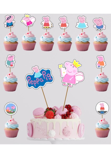 Hiras Dizayn Peppa Pig Temalı Pasta Kürdanı Cupcake Kürdanı 12 Parça Pasta Süsü ve Cupcake Pasta Kurabiye Süsleri