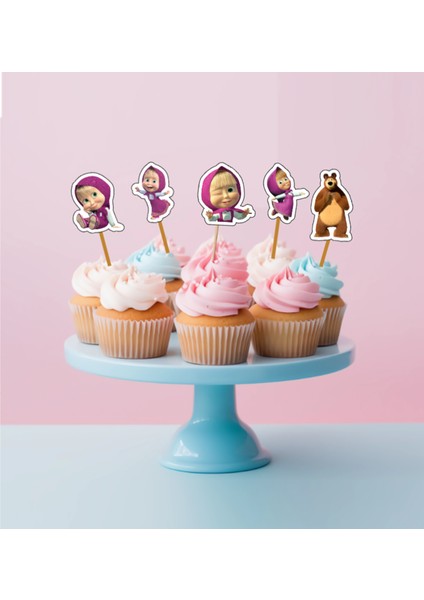 Hiras Dizayn 20 Adet Maşa ve Koca Ayı Cupcake Kürdani 5cm Cupcake Pasta Süsü Kurabiye Doğum Günü Süsü Pasta Süsü