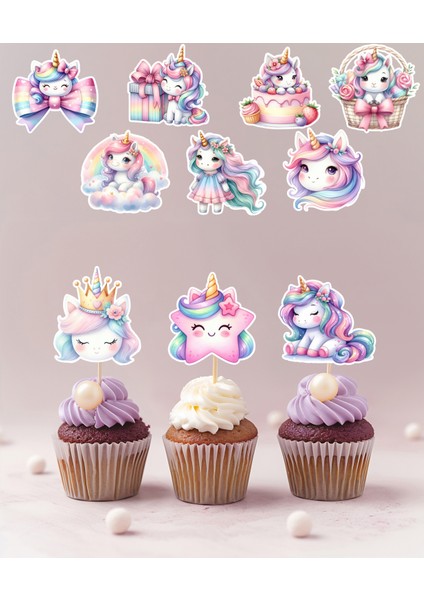 Hiras Dizayn 20 Adet Sevimli Unicorn Temalı Cupcake - Pasta - Kurabiye Süsleri Kürdanlı Dogum Günü Süsü