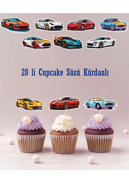 Hiras Dizayn Spor Yarış Arabası Temalı Erkek Çocuk Cupcake - Pasta - Kurabiye Süsleri 20 Adet Kürdanlı