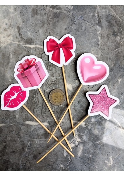 15 Adet Pembe Kalp Yıldız Pasta Kürdanı 5cm Cupcake Pasta Süsü Kurabiye Nişan Söz Kokteyl Bride Tobe