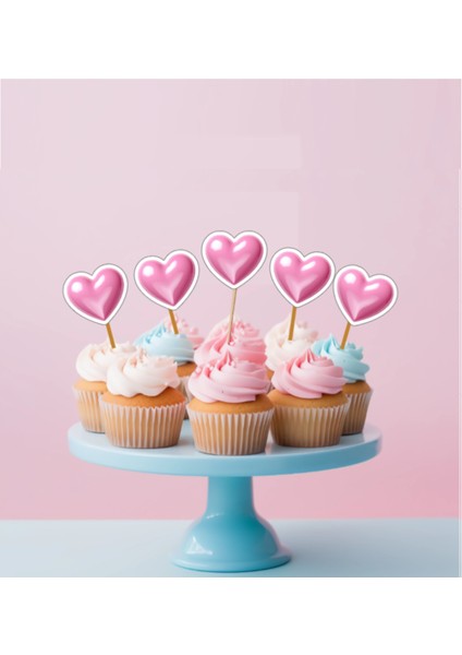 20 Adet Pembe Kalpler Pasta Kürdanı 5cm Cupcake Pasta Süsü Kurabiye Nişan Söz Kokteyl Bride To Be