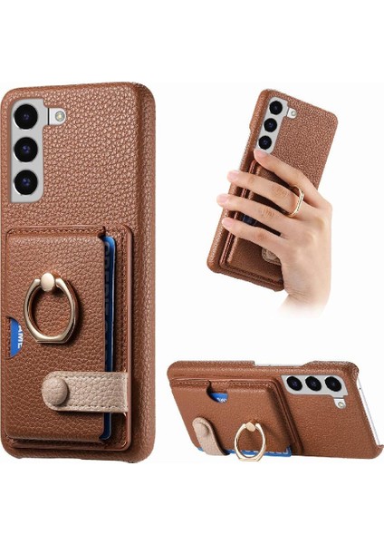 Samsung Galaxy S22 Kart Yuvaları Premium Dokulu Deri Halka Standı (Yurt Dışından)