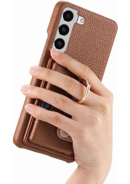 Samsung Galaxy S22 Kart Yuvaları Premium Dokulu Deri Halka Standı (Yurt Dışından)
