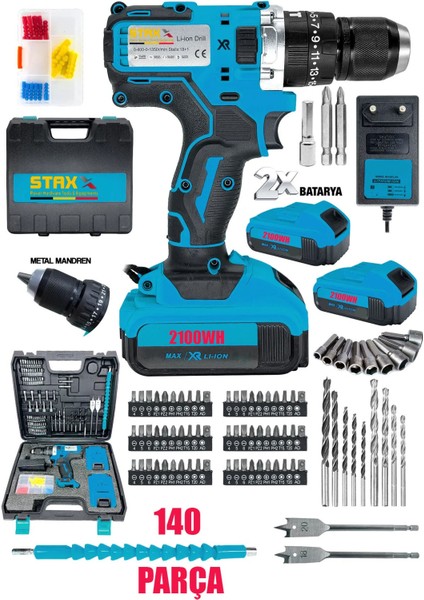 Staxx Power 2100WH Li-Ion 10 Ah Çelik Mandren X2 Akülü Darbeli Şarjlı Matkap Seti - 140 Parça Full Çantalı Set