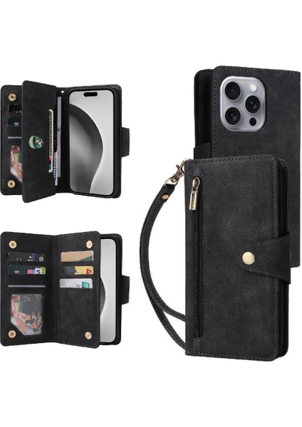 El Kayışı Kart Tutucu ile IPhone 16 Pro Max Manyetik Deri Kılıf (Yurt Dışından)